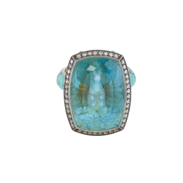 Reversed Carved Pegasas Ring with Diamond, Sapphire, and Blue Topaz