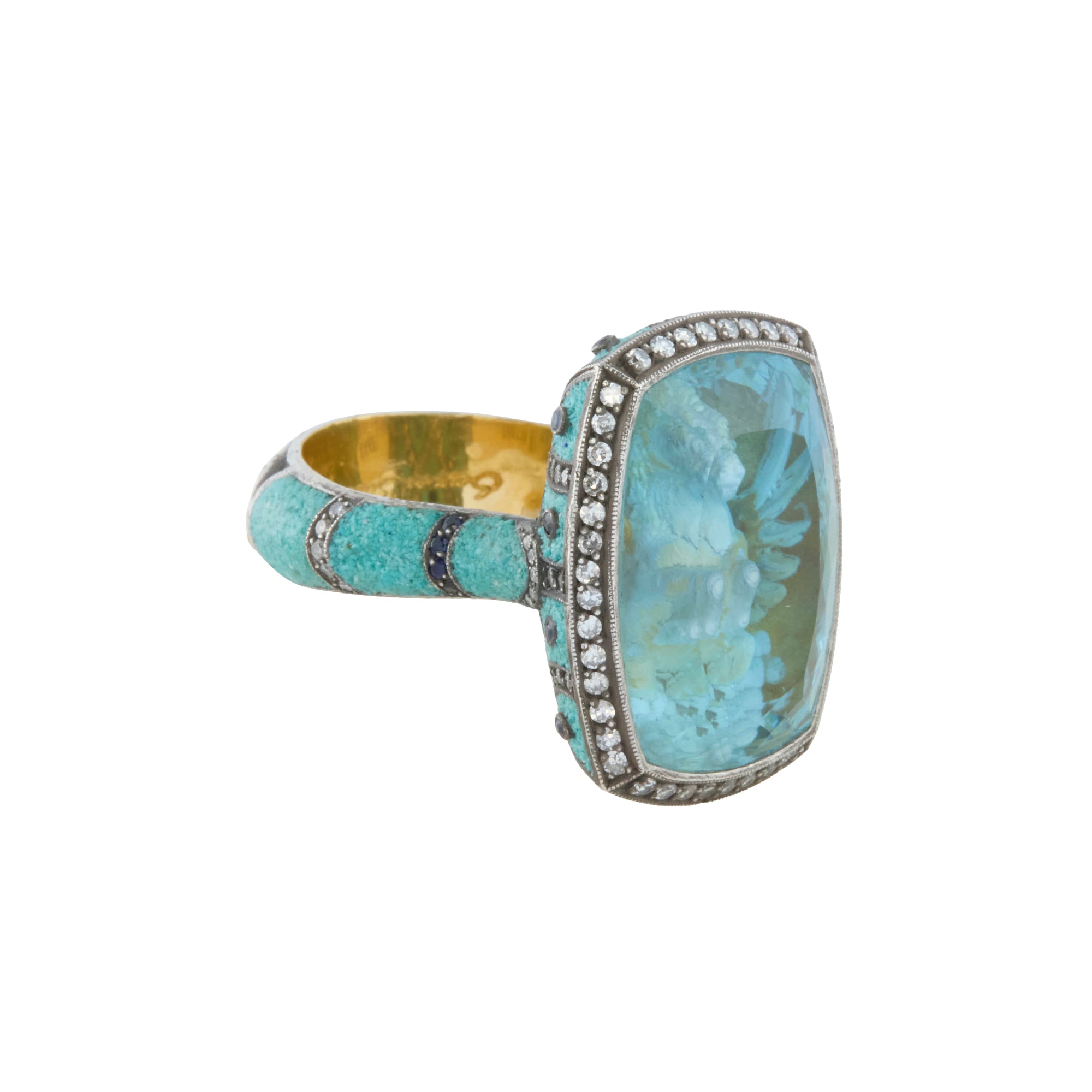 Reversed Carved Pegasas Ring with Diamond, Sapphire, and Blue Topaz