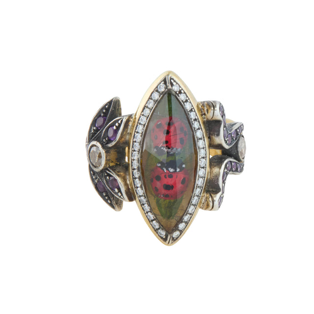 Reversed Carved Rose Quartz Ladybug Ring with Diamond and Rose Quartz