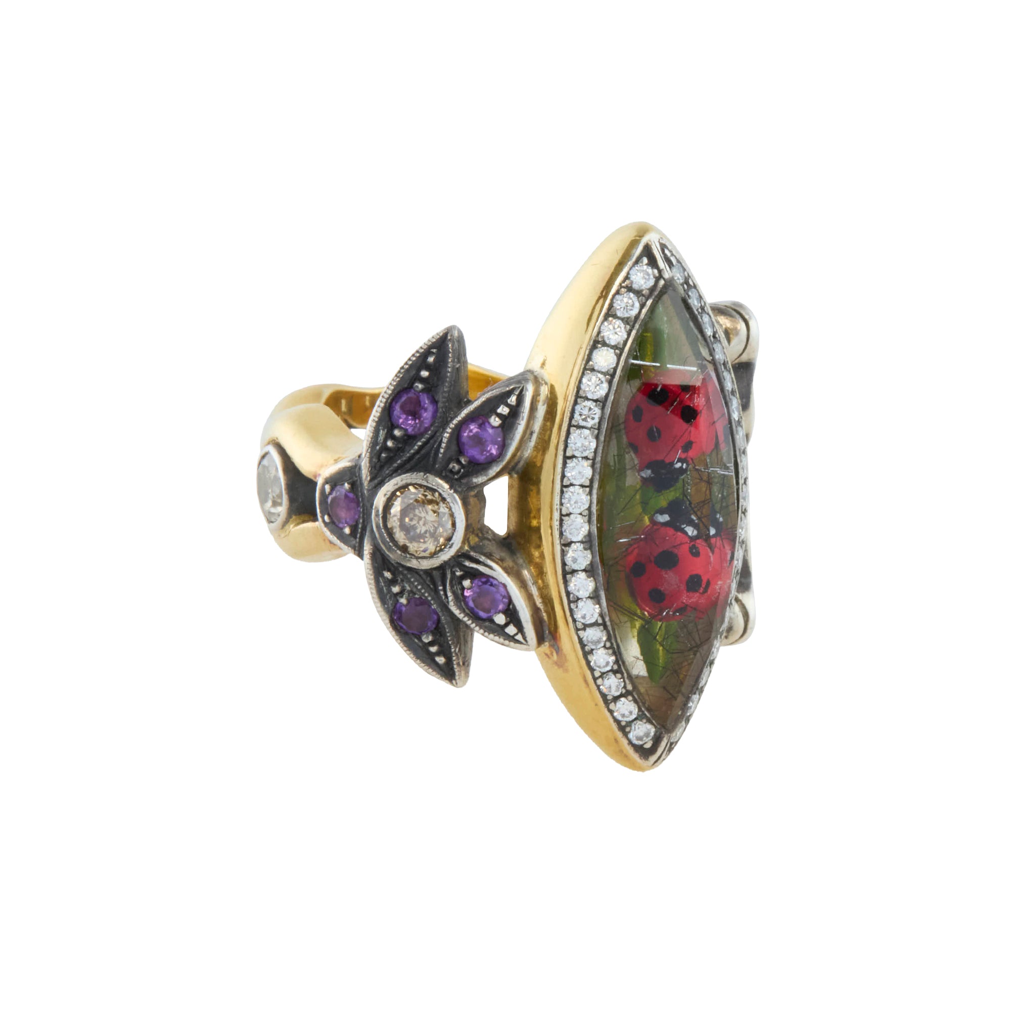 Reversed Carved Rose Quartz Ladybug Ring with Diamond and Rose Quartz