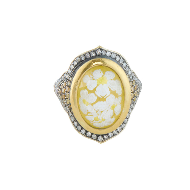 Reversed Carved Daisies Ring with White and Fancy Diamonds
