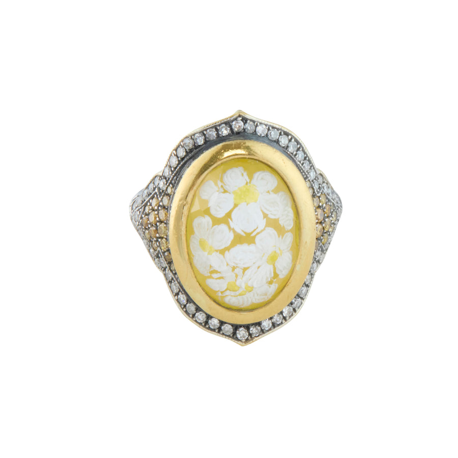 Reversed Carved Daisies Ring with White and Fancy Diamonds