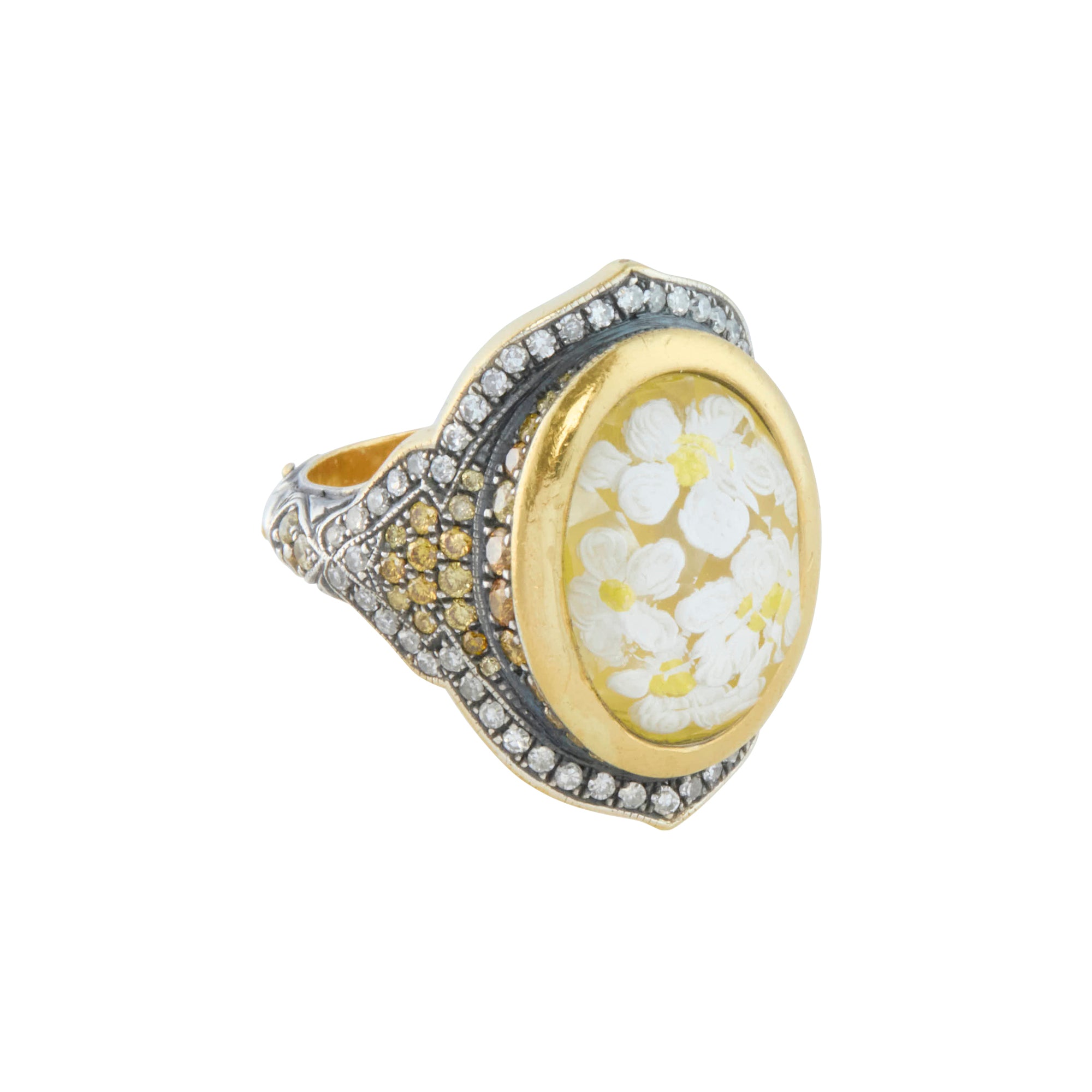 Reversed Carved Daisies Ring with White and Fancy Diamonds