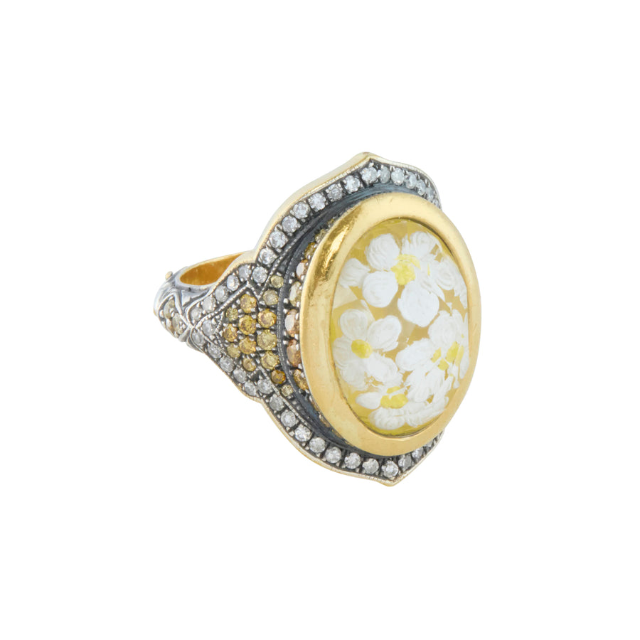Reversed Carved Daisies Ring with White and Fancy Diamonds