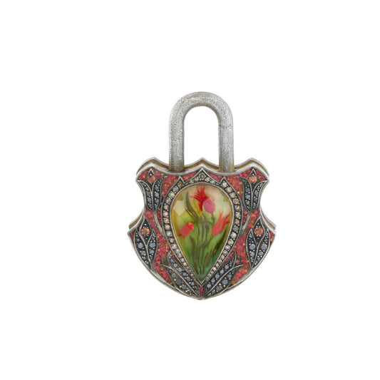 Reversed Carved Citrine Tulip Padlock with White Sapphire, Brown and Black Diamonds - Main Img