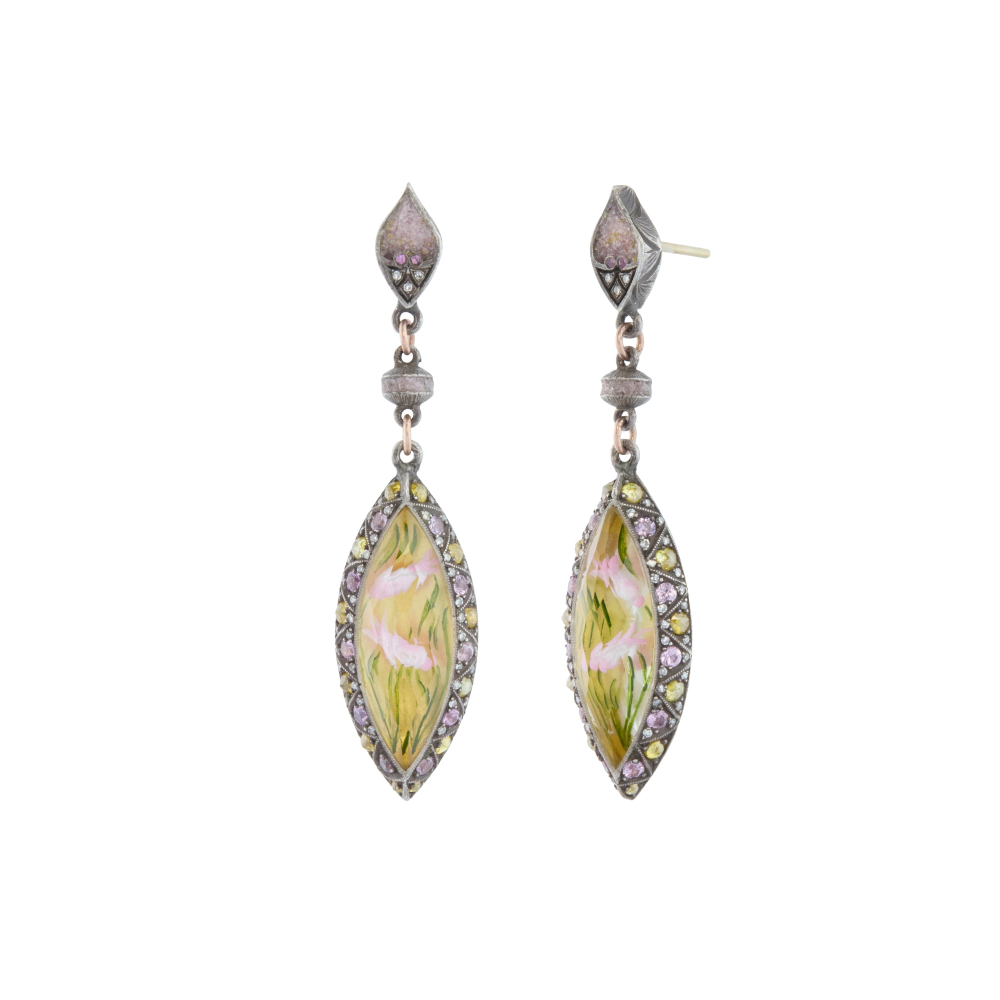 Reversed Carved Quartz Tulip Earrings with Rough and Regular Diamonds
