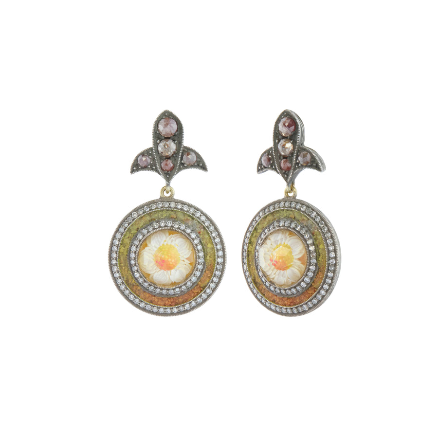 Reversed Carved Rock Quartz Flower Drop Earrings with White and Rough Diamonds