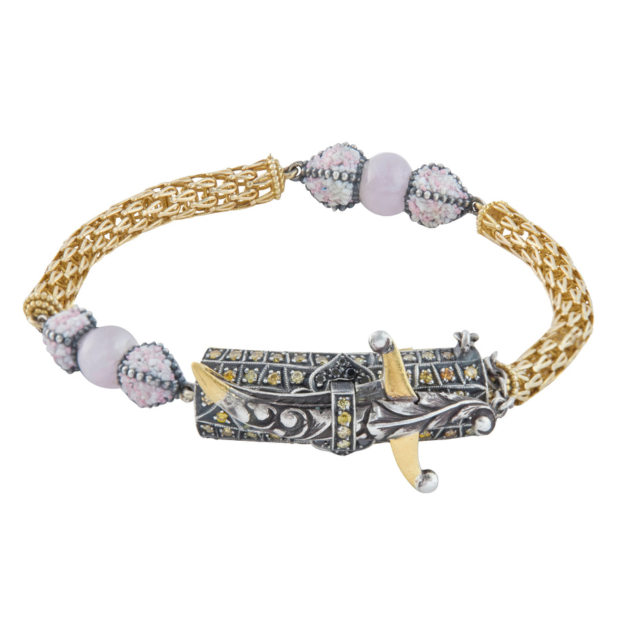 Woven Chain Bracelet with Rose Quartz, Yellow and Black Diamonds, and Citrine