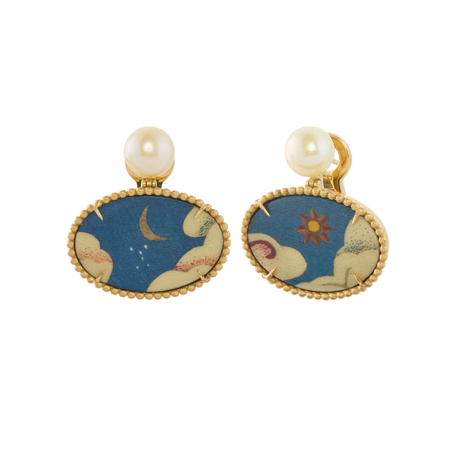 Diamond and Gold Button Pearl Oval Tibetan Sky Print Marquetry Earrings