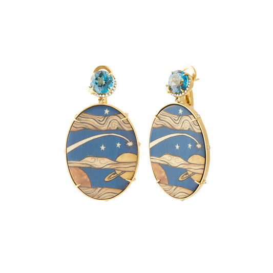 Marquetry Earrings - Diamond and London Topaz - Main Img