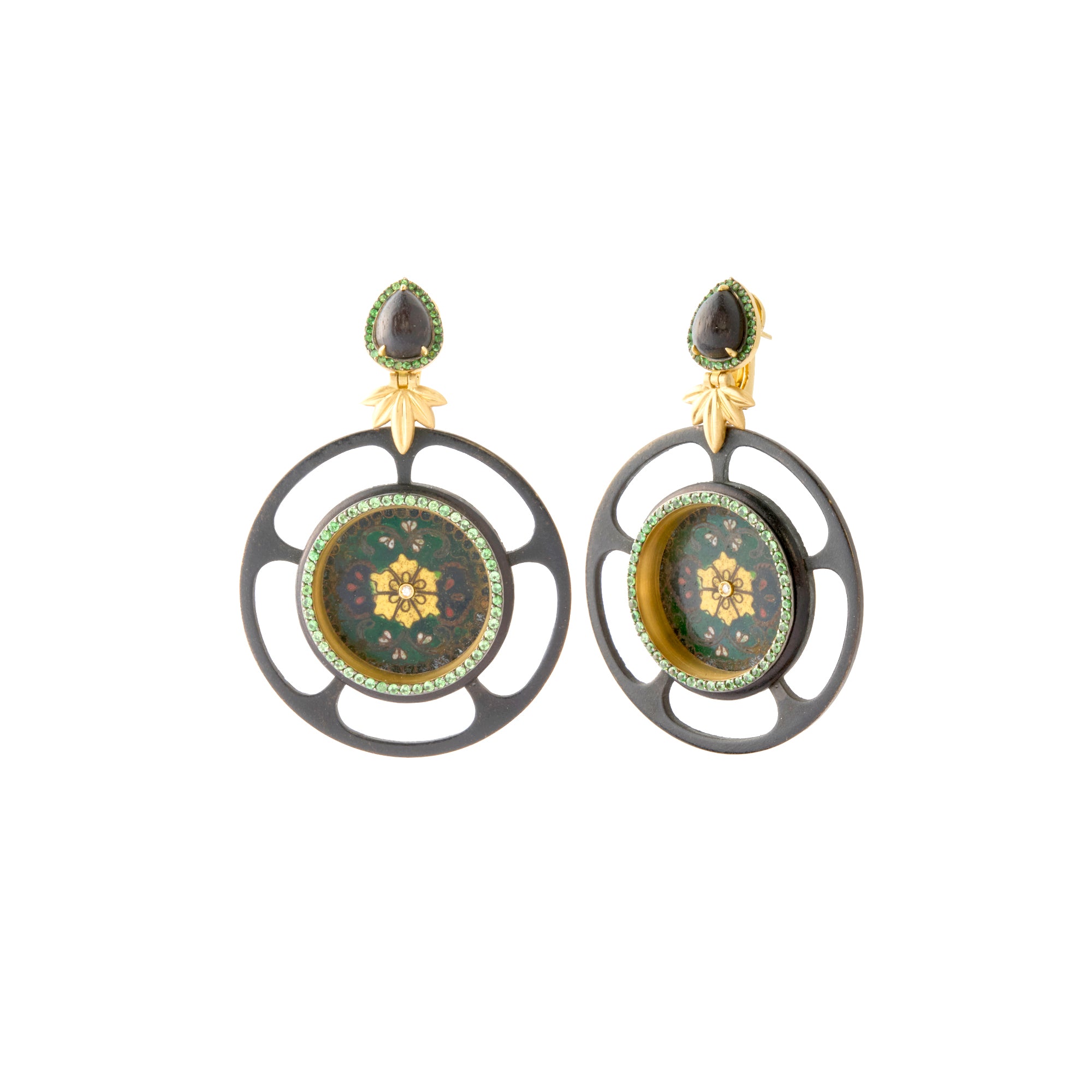 Round Ebony Earrings - Diamond and Tsavorite