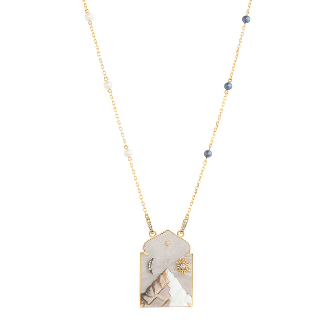Diamond, Mother of Pearl, Black and White Pearl and Gray Jasper Window and Mountain Motif Necklace