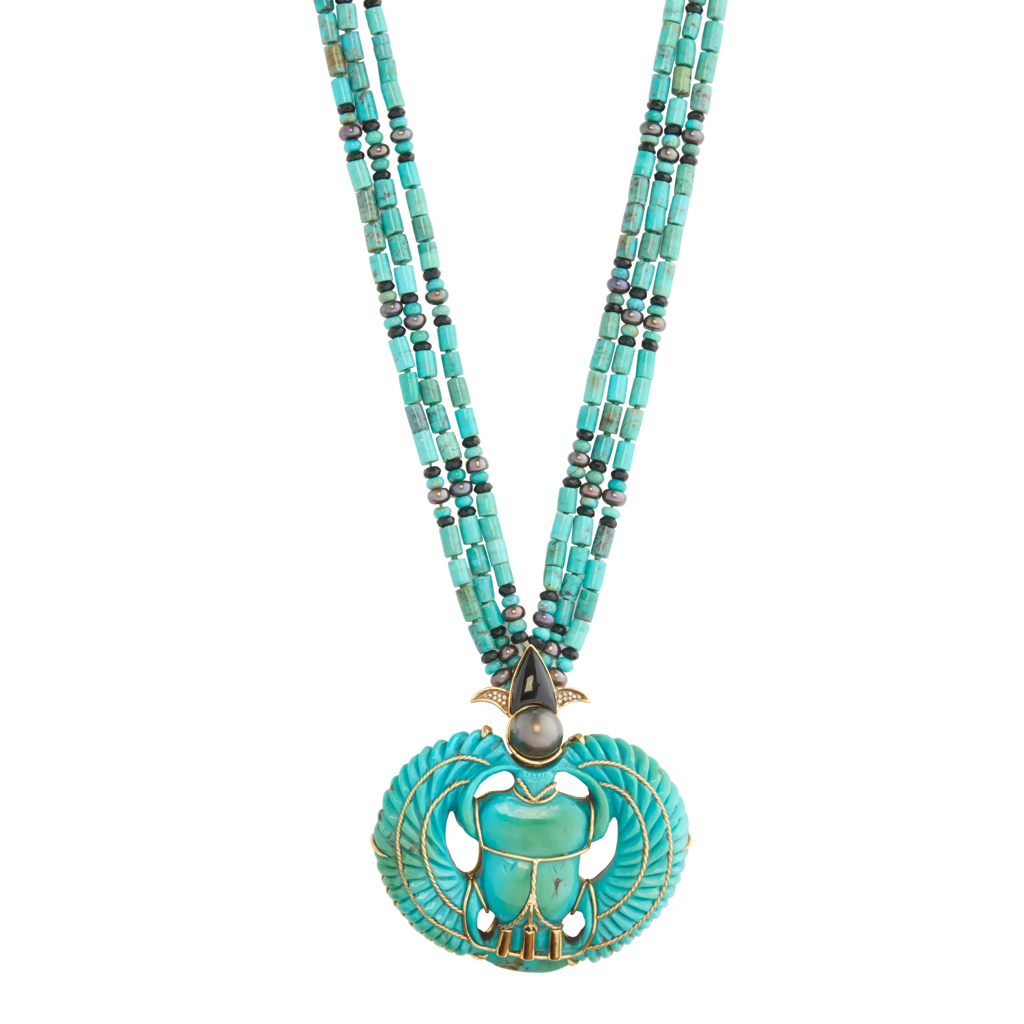 Diamond, Black Pearl, Onyx and Turquoise Egypt Scarab Necklace