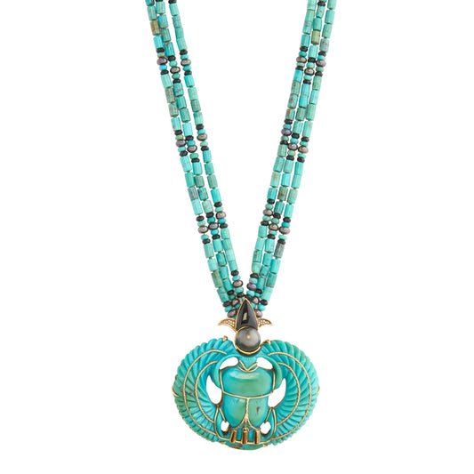Diamond, Black Pearl, Onyx and Turquoise Egypt Scarab Necklace - Main Img