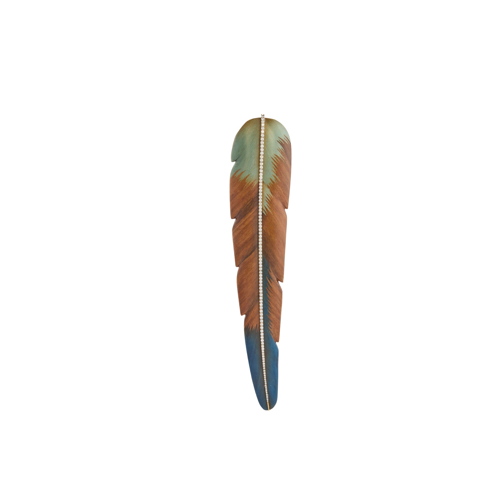 Brown and Blue Marquetry Feather Brooch with Light Brown Diamond