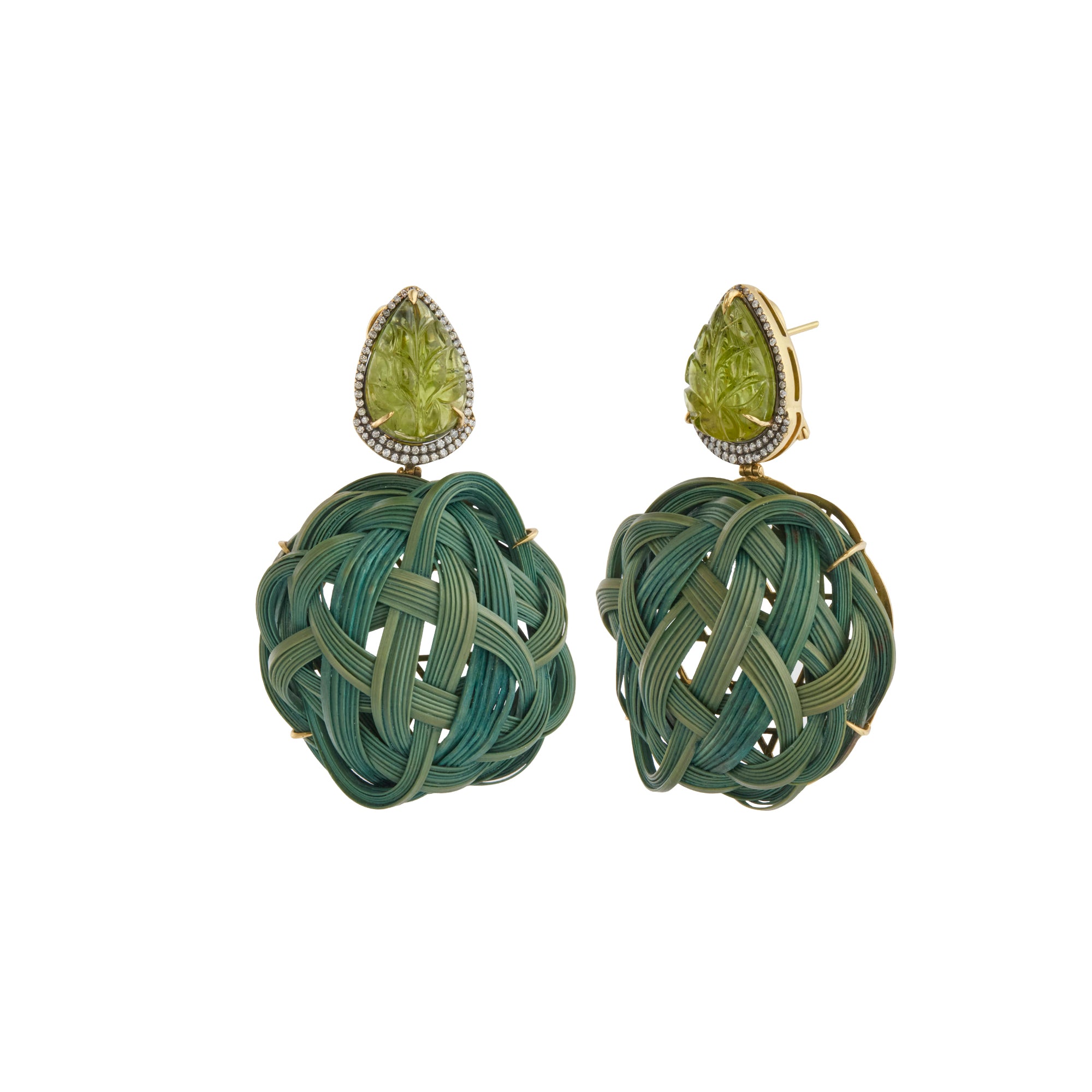 Peridot, Diamond, Tsavorite and Green Round Braided Bamboo Earrings