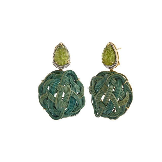 Peridot, Diamond, Tsavorite and Green Round Braided Bamboo Earrings