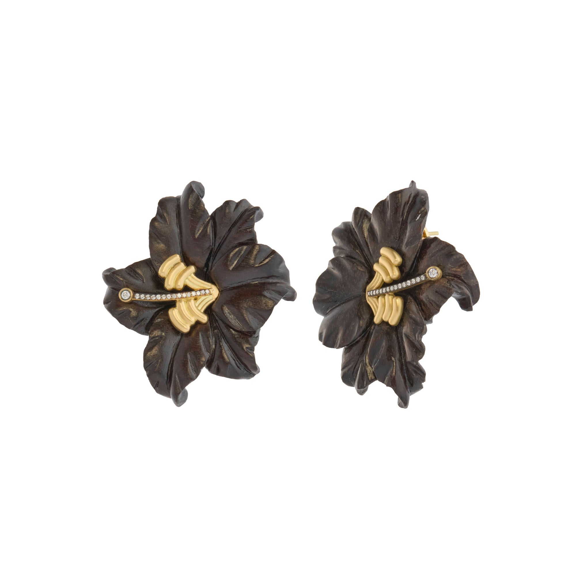 Wood Flower Earrings with Diamonds