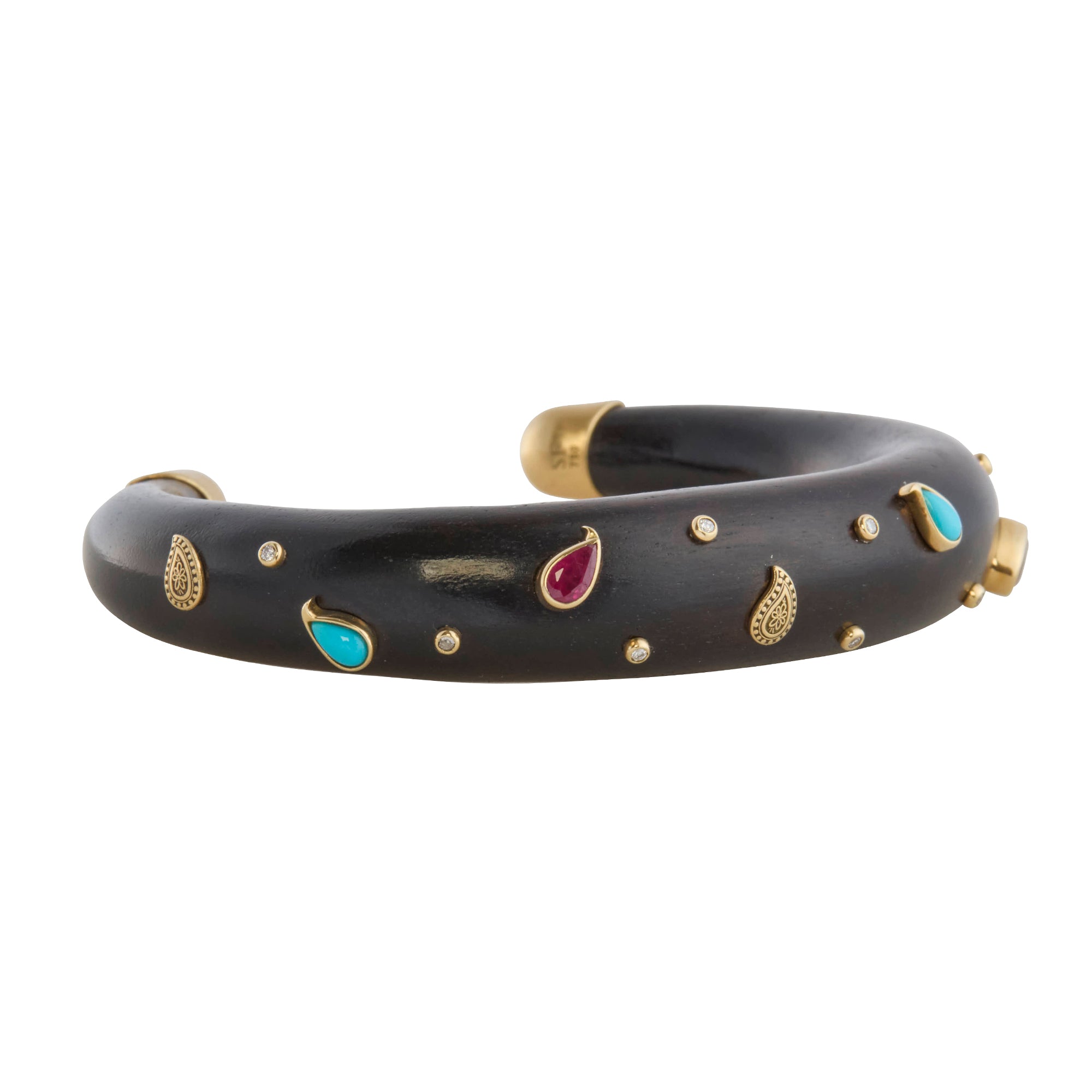 Turquoise, Ruby and Diamond Brauna Wood Cuff Bracelet