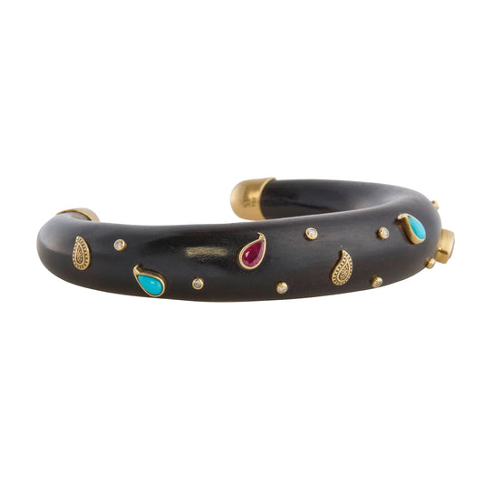 Turquoise, Ruby and Diamond Brauna Wood Cuff Bracelet