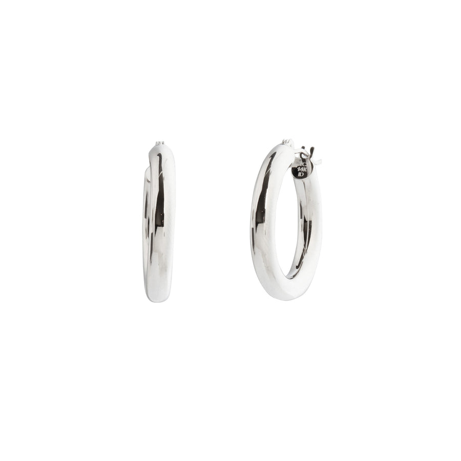 BE Jewelry Shiny Lite Tube Hoops - 3mm - White Gold - Earrings - Broken English Jewelry front and angled view