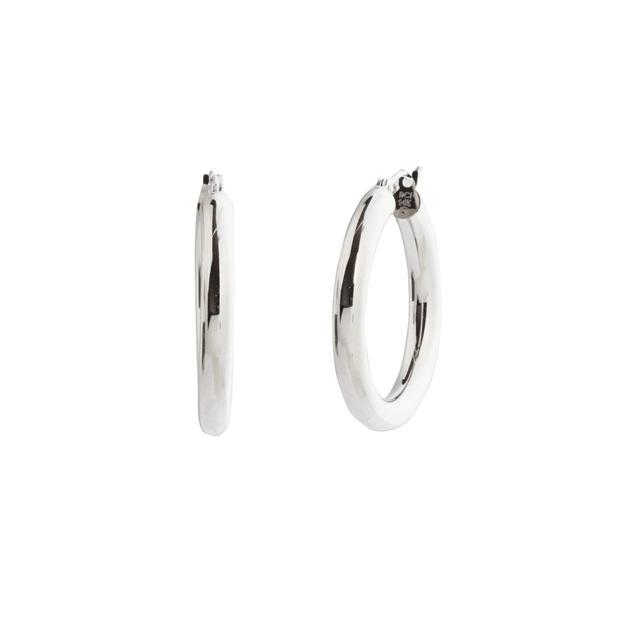 BE Jewelry Shiny Lite Tube Hoops - 4mm - White Gold - Earrings - Broken English Jewelry front and angled view