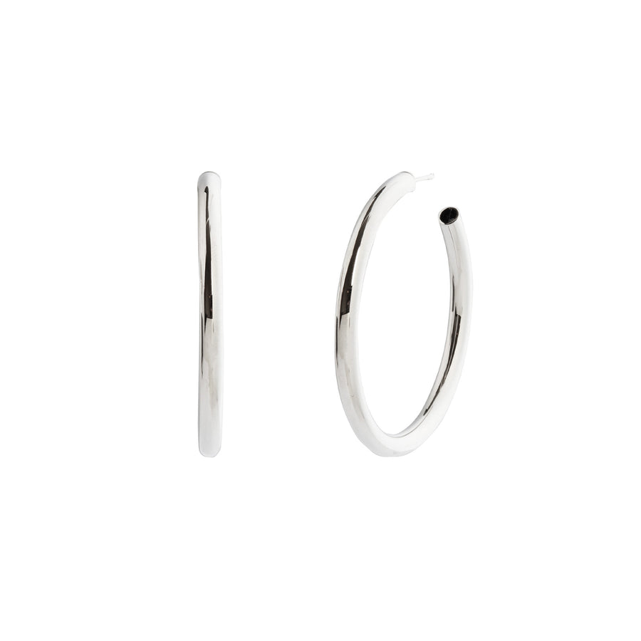 BE Jewelry Medium Shiny Lite Tube Hoops - 4mm - White Gold - Earrings - Broken English Jewelry front and angled view