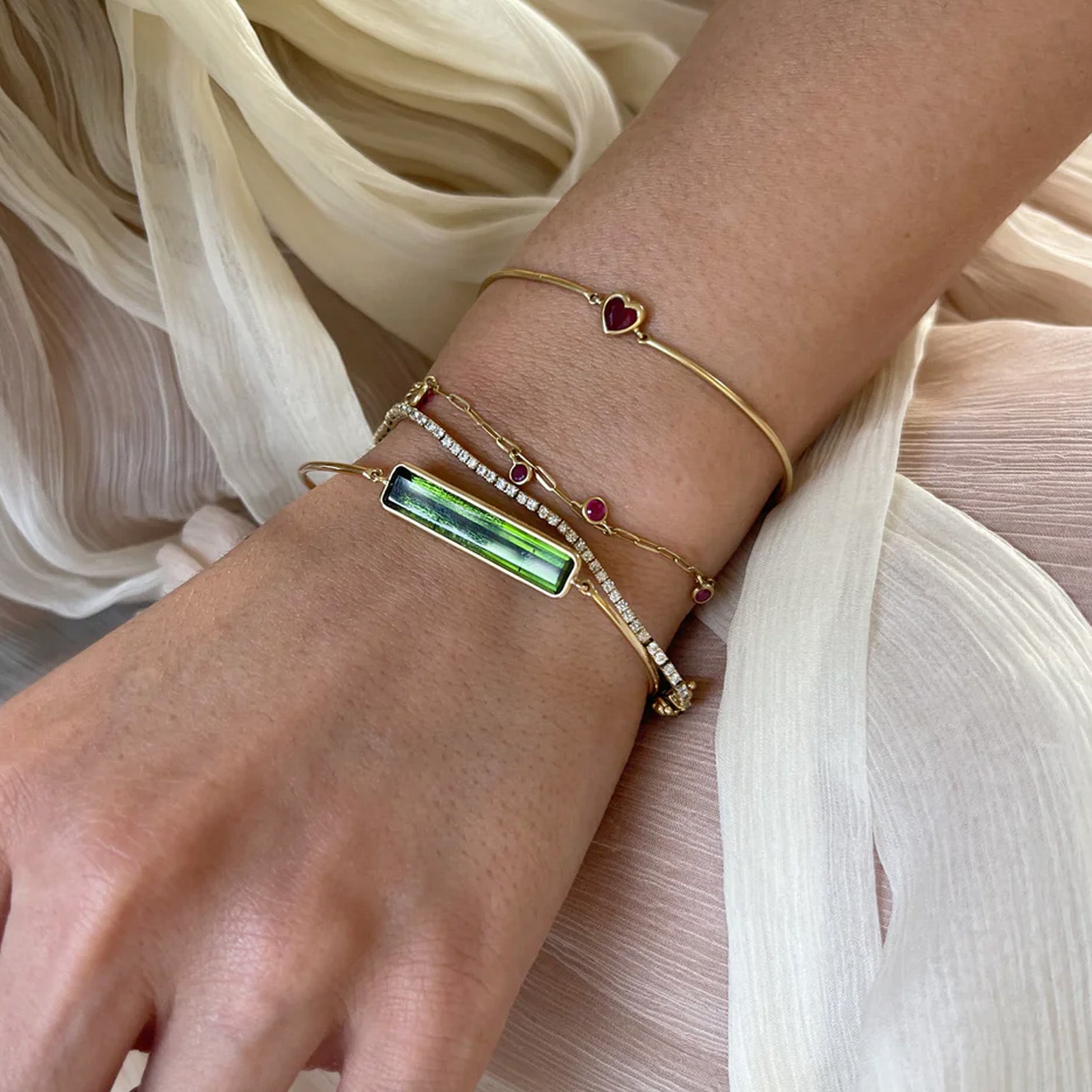 YI Collection Green Tourmaline Supreme Bangle - Bracelets - Broken English Jewelry on model