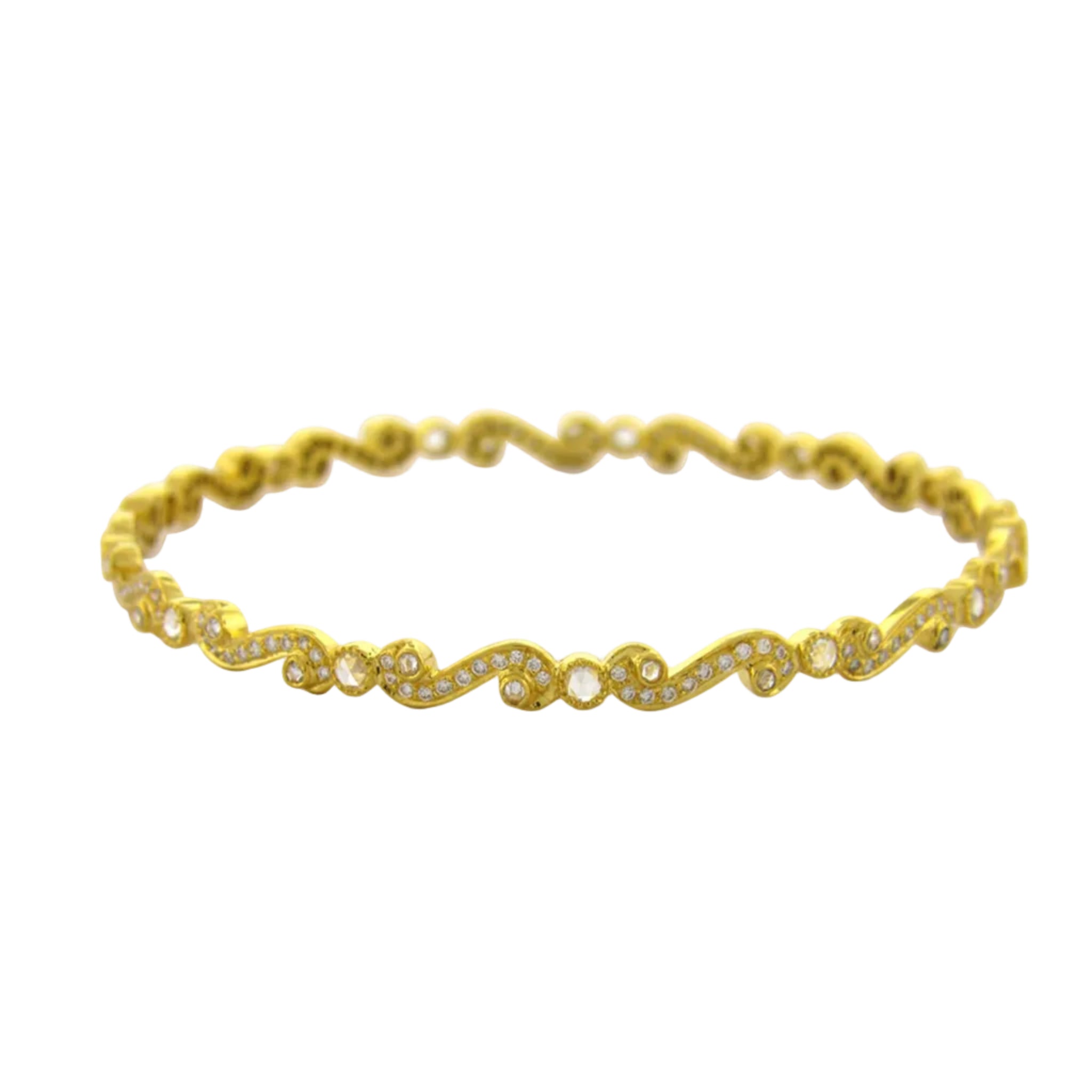 White Rose Cut Diamond Gold Scroll Bangle