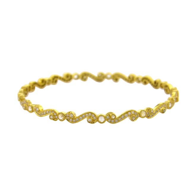White Rose Cut Diamond Gold Scroll Bangle
