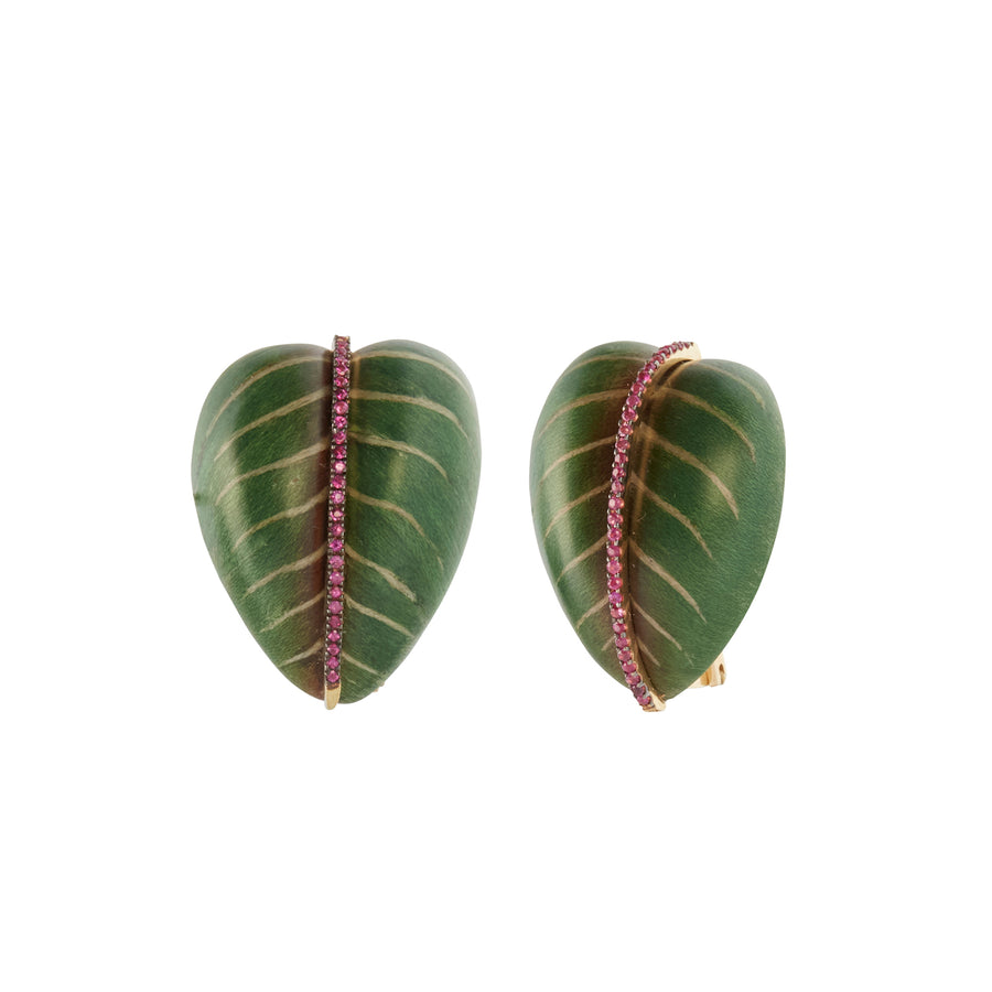 Silvia Furmanovich Ruby Marquetry Leaf Earrings front and angle view