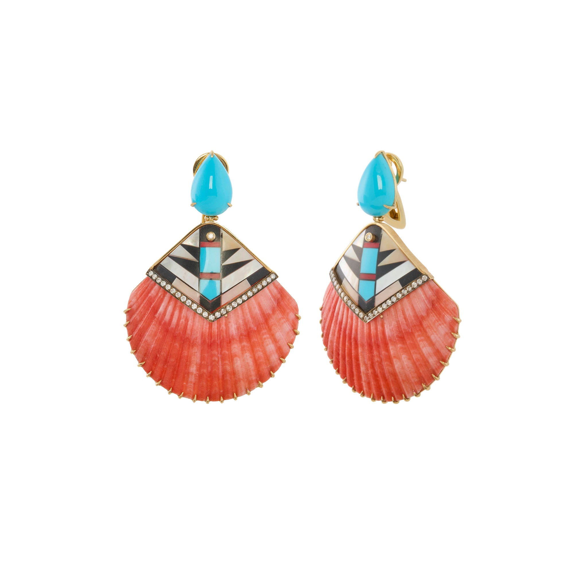 Diamond and Turquoise Natural Sea Shell Earrings with Mosaic Mother of Pearl and Onyx