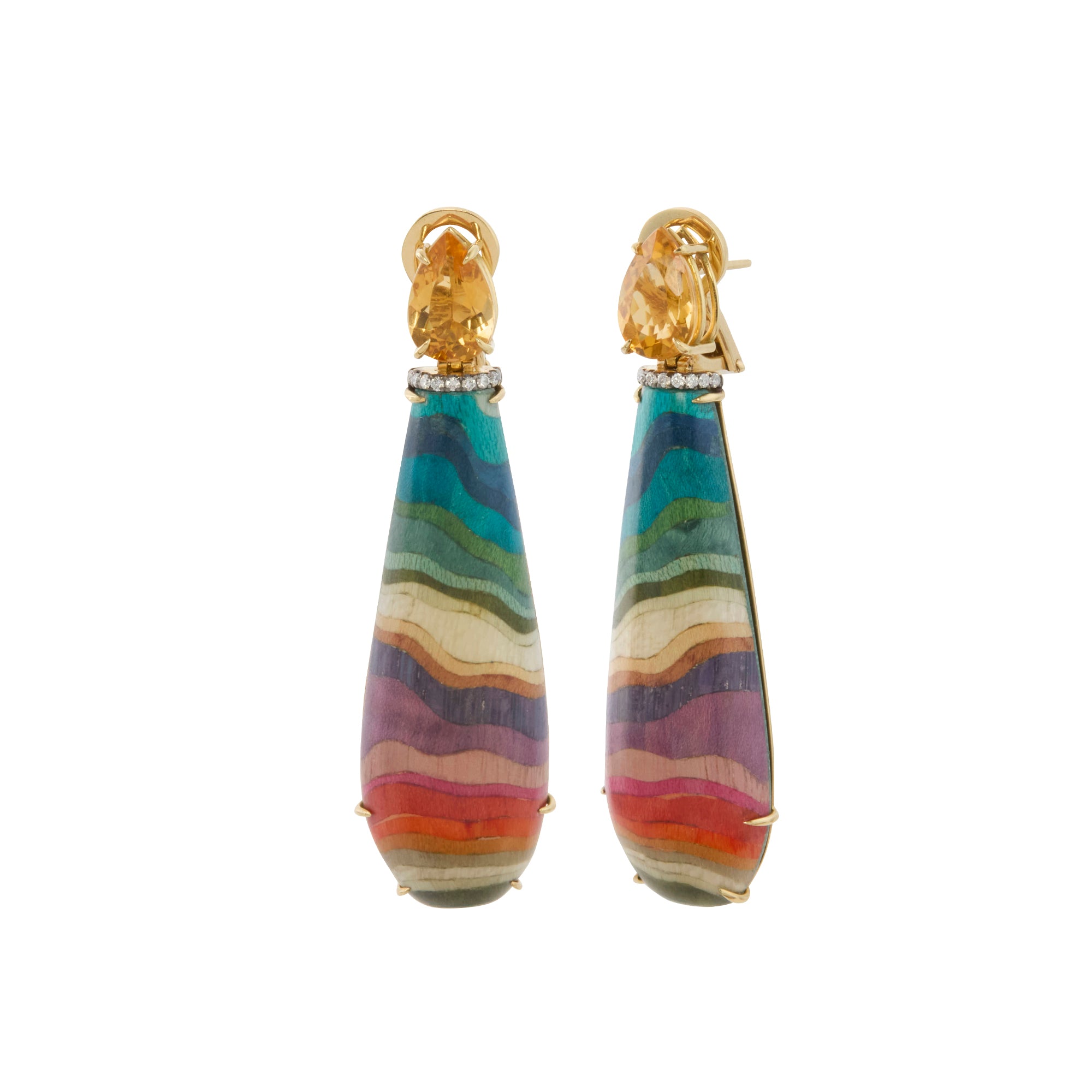 Diamond and Citrine Rainbow Print Marquetry Drop Earrings