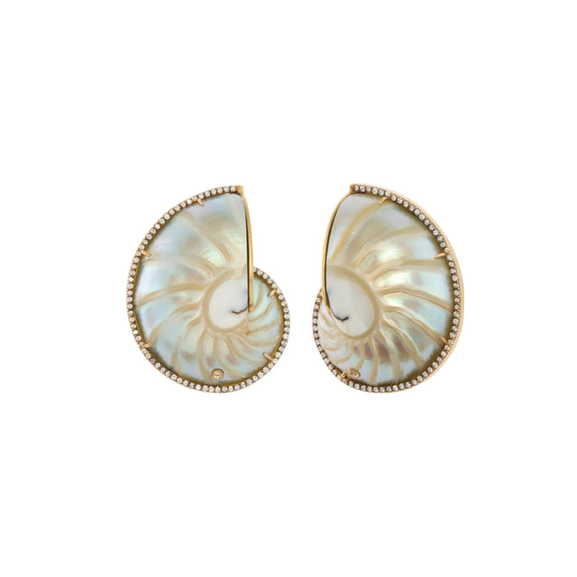 Diamond Nautilius Spiral Sea Shell Earrings