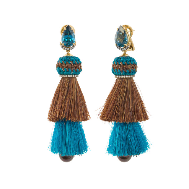 Diamond and Blue Topaz Blue and Brown Horsehair Earrings with Brown Pearls