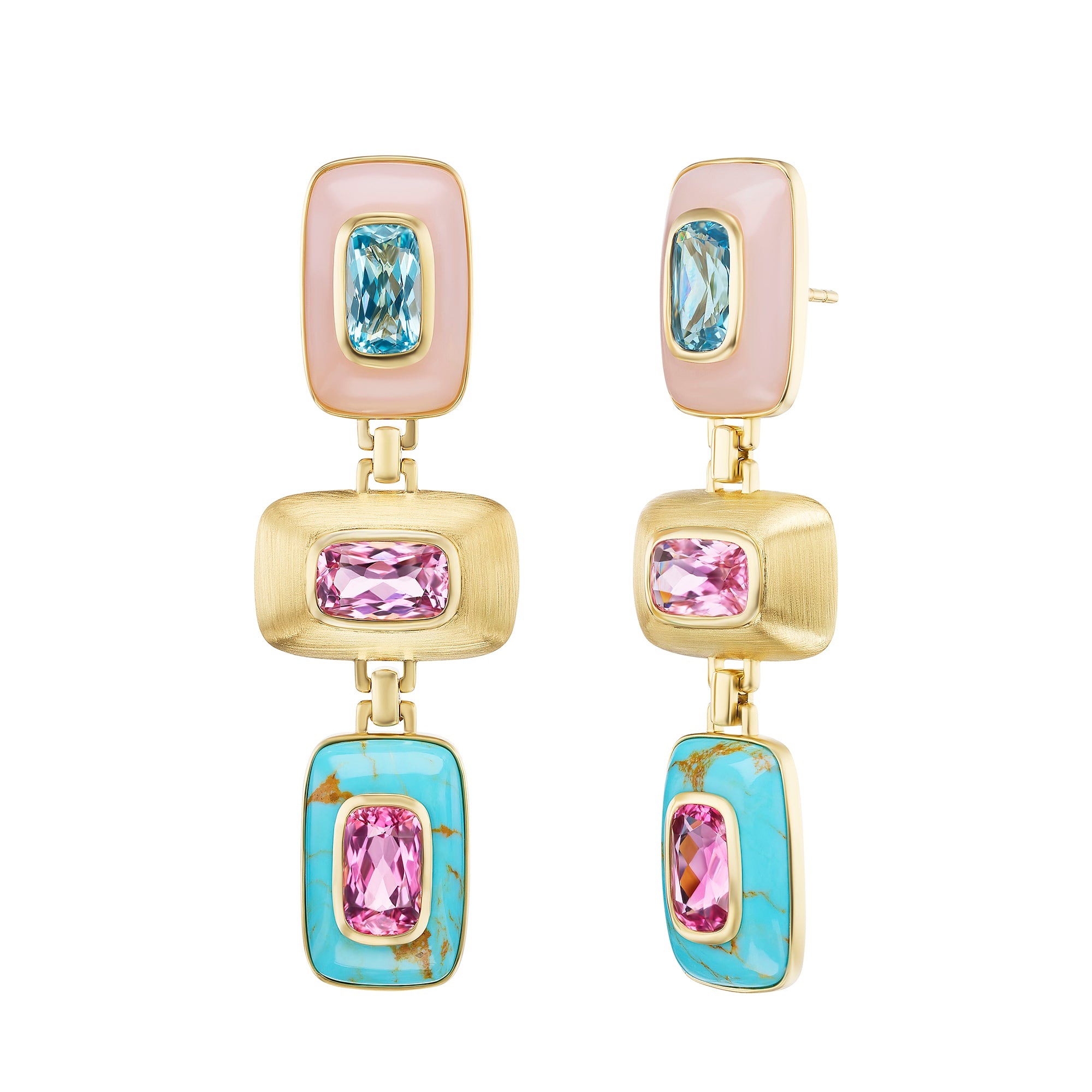 Aquamarine and Pink Tourmaline Patchwork Earrings