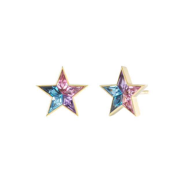 Pink Tourmaline, Amethyst, Swiss and London Blue Topaz Star Stud Earrings