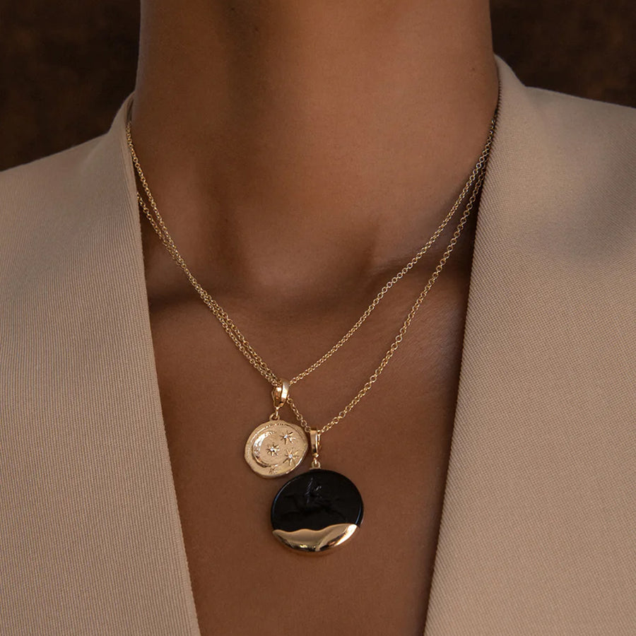 Azlee Pegasus Venetian Black Glass Gold Dipped Coin - Charms & Pendants - Broken English Jewelry on model