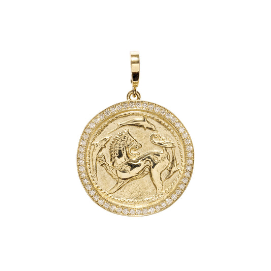 Large Pave Diamond Lion and Dolphin Coin Charm - Main Img