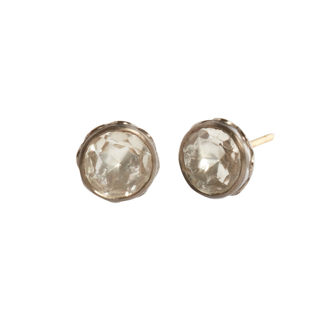 Larkspur & Hawk Catherine Round Stud Earrings - Sterling Silver - White Quartz - Earrings - Broken English Jewelry front and angled view