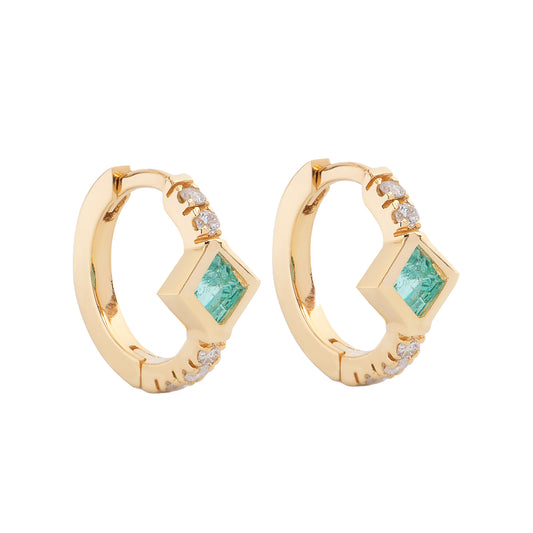 Emerald and Diamond Mini Hoop Earrings - Main Img