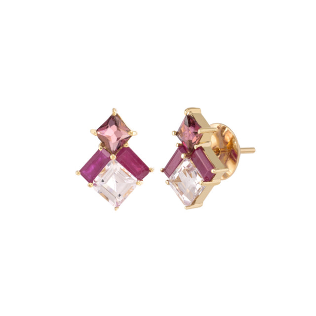 Pink Tourmaline, Ruby and Morganite Kite Earrings