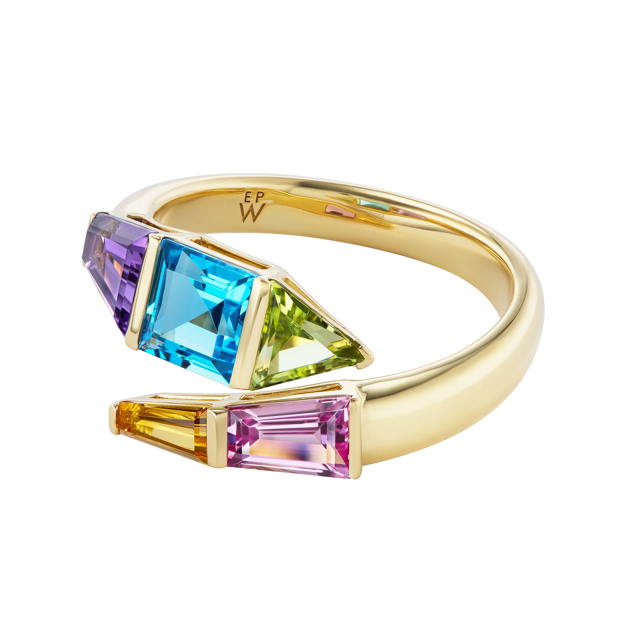 Peridot, Amethyst, Citrine, Swiss Blue Topaz and Tourmaline Helix Ring