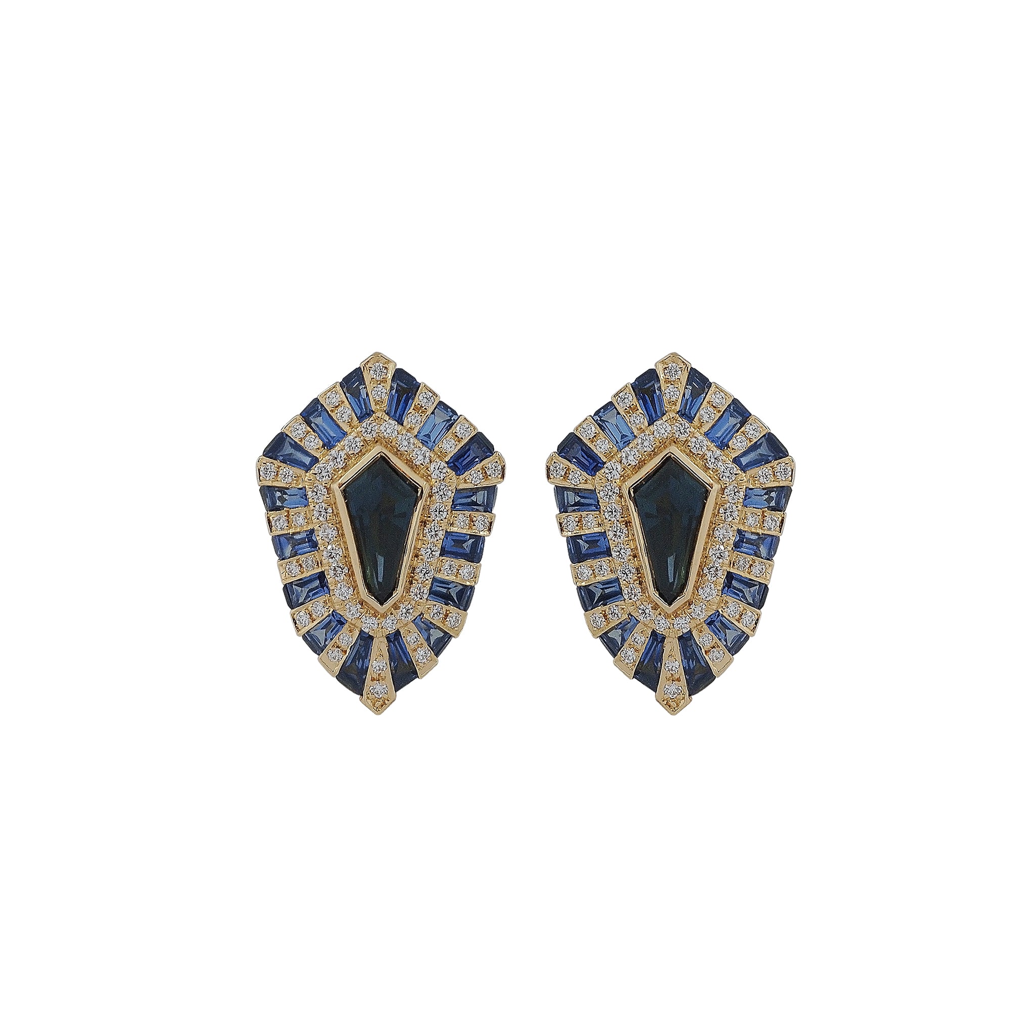 Black Sapphire and Diamond Classic Twist Shield Stud Earrings