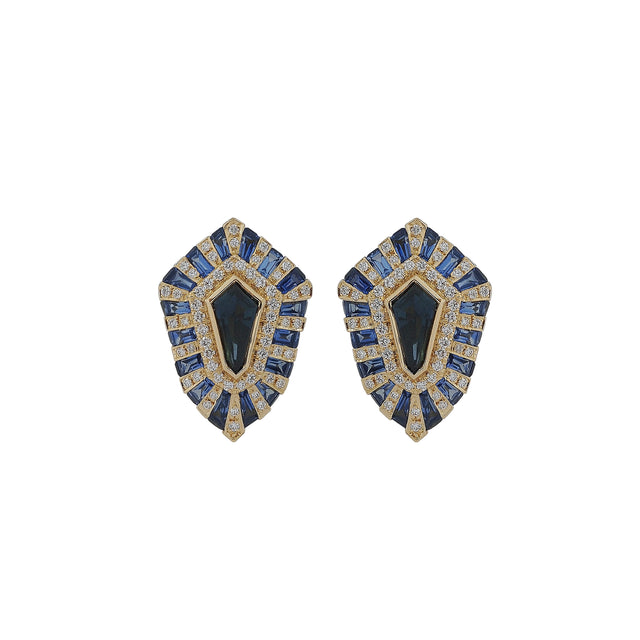 Black Sapphire and Diamond Classic Twist Shield Stud Earrings