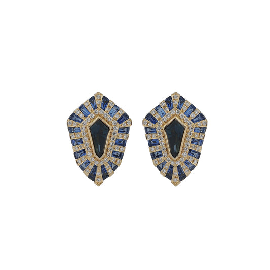 Black Sapphire and Diamond Classic Twist Shield Stud Earrings - Main Img