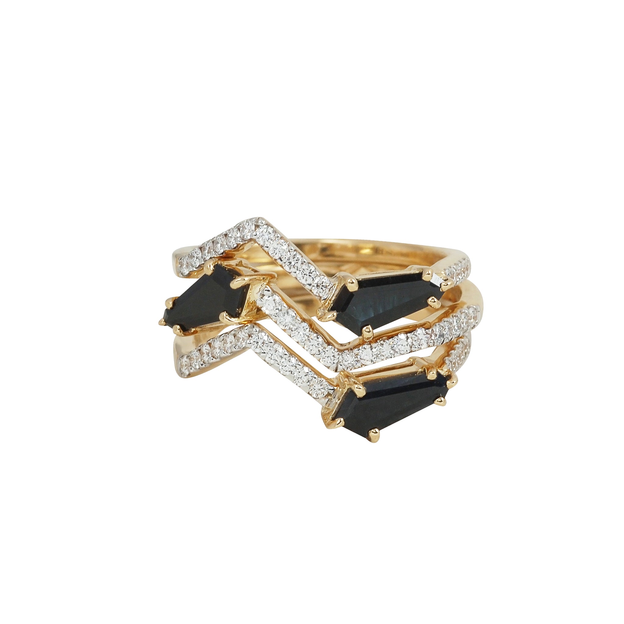 Black Sapphire and Dia Origami Ziggy Jazz Triple Band Ring