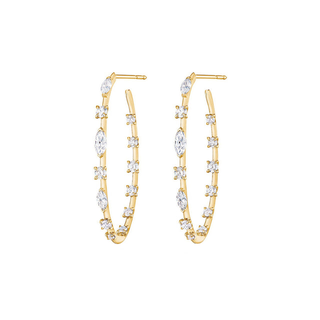 Hoop Earrings with Round and Marquise Diamonds - Yellow Gold- Earrings - Broken English Jewelry front angled view