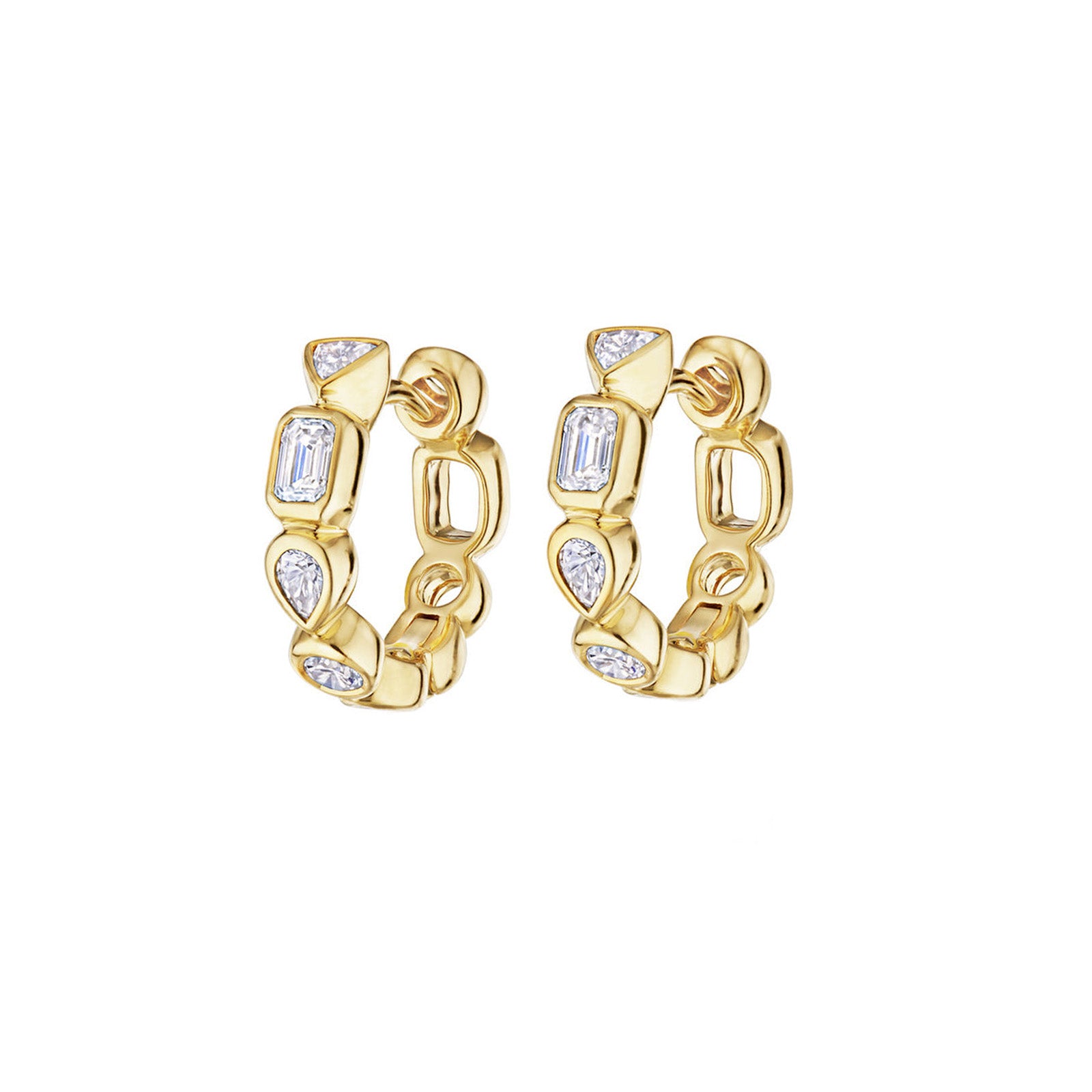 Petite Hoop Earrings with Mixed Shape Diamonds - Yellow Gold front view