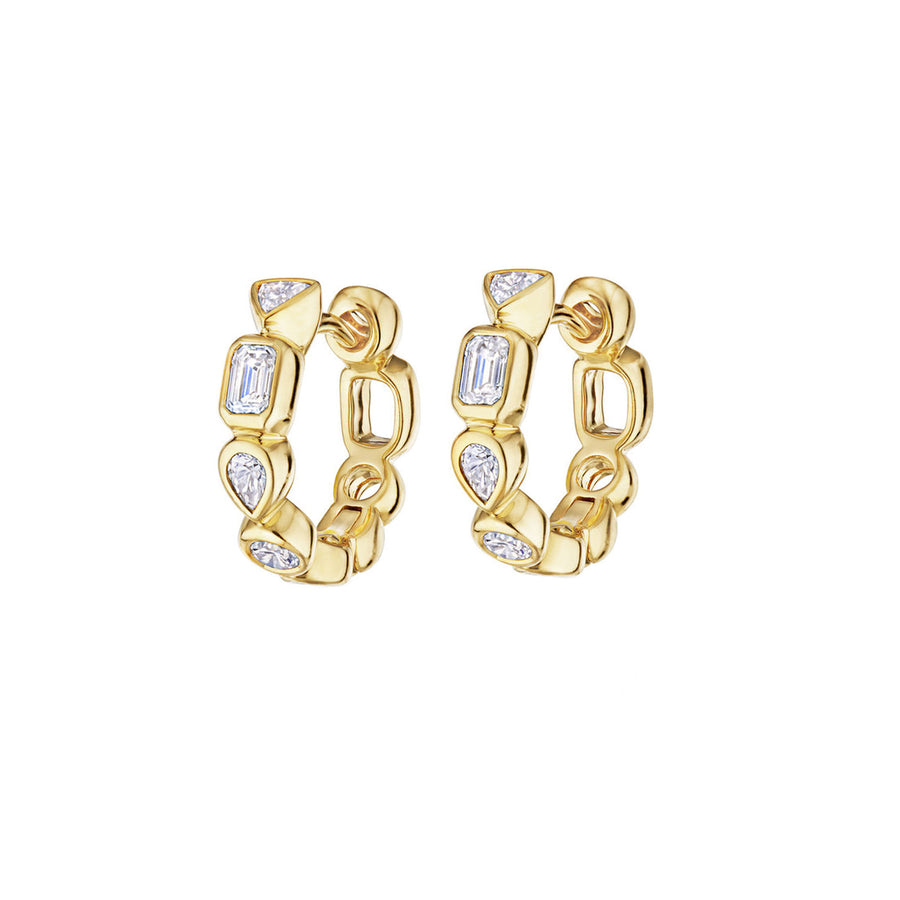 Petite Hoop Earrings with Mixed Shape Diamonds - Yellow Gold front view
